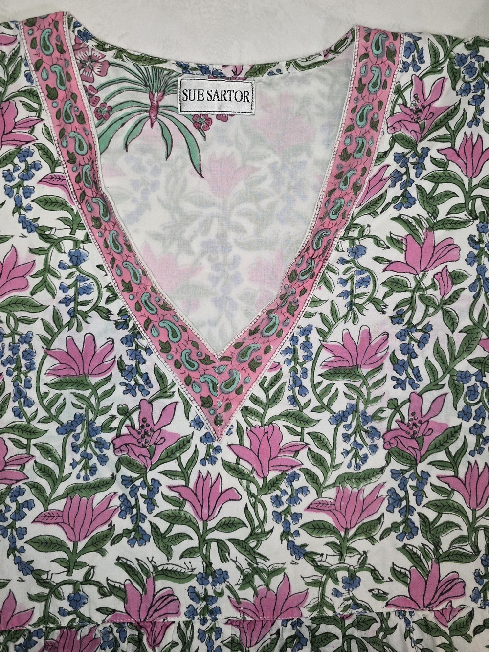 ​Sue Sartor Hand Block Print Flounce Dress Floral Palm Beach - Picture 2 of 6